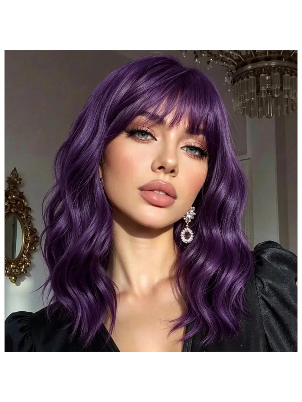 Women's Dark Purple 14 Inch Heat Resistant Short Bangs Bob Modern Wavy Wigs